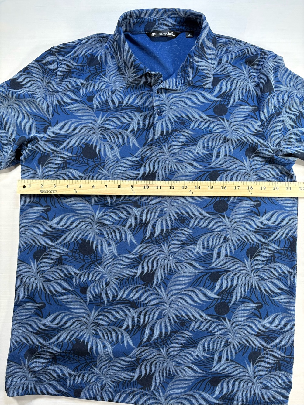 TravisMathew Mens Large Polo Shirt Blue Palm Leaf Tropical Print Short Sleeve L - Picture 6 of 8